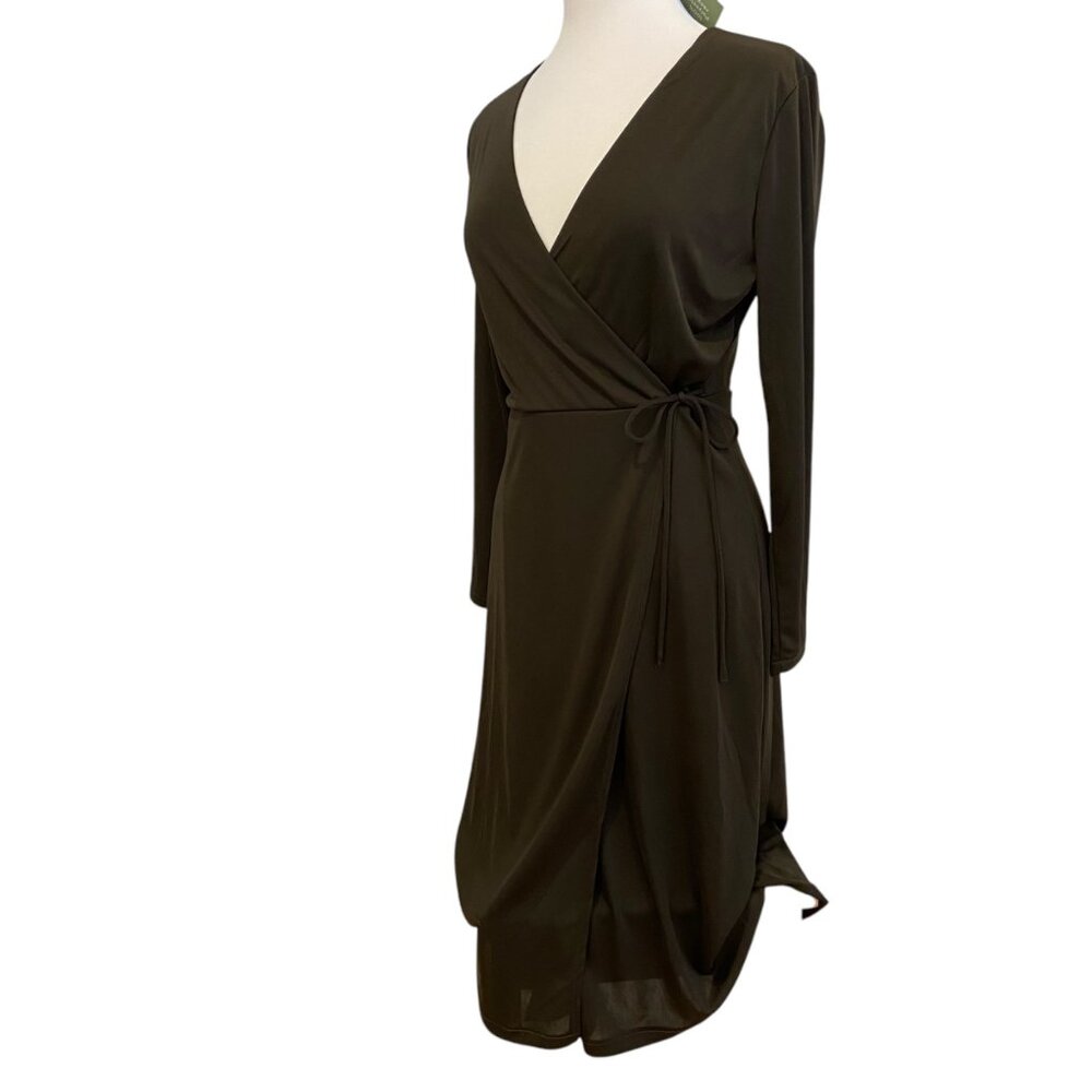 H&M NWT Maroon Brown Long-Sleeve Wrap Dress Silky Jersey Fabric Knee Length Wome